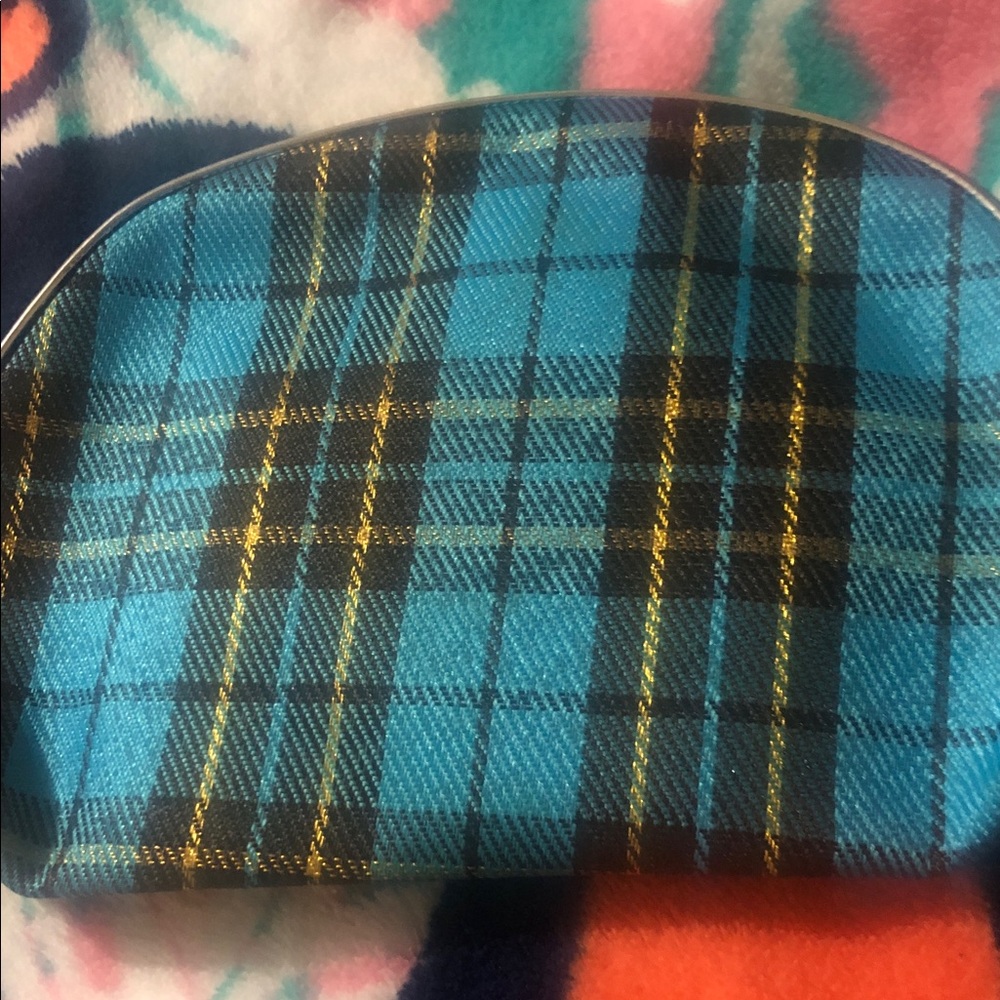 Blue Plaid Cosmetic Bag with Gold Threading